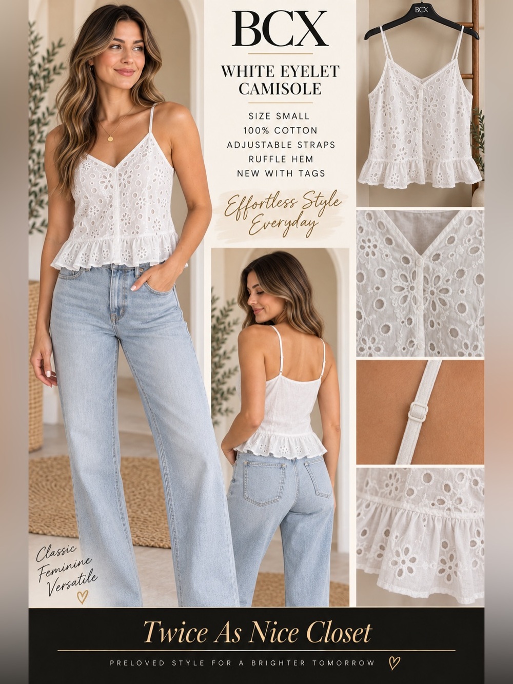 BCX White Eyelet Ruffle Camisole Top Women Small NEW